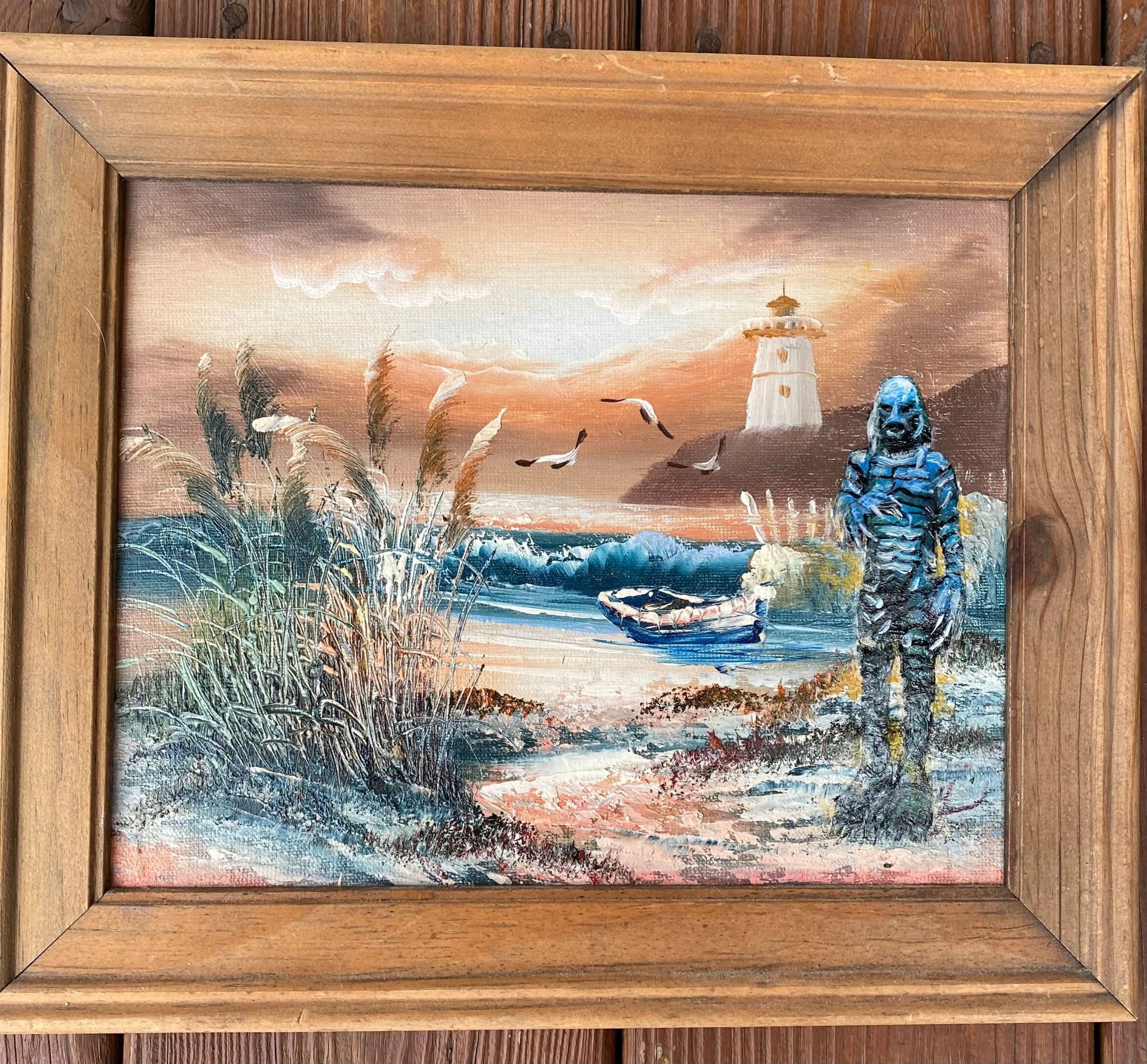 A painting of a monster standing next to a boat