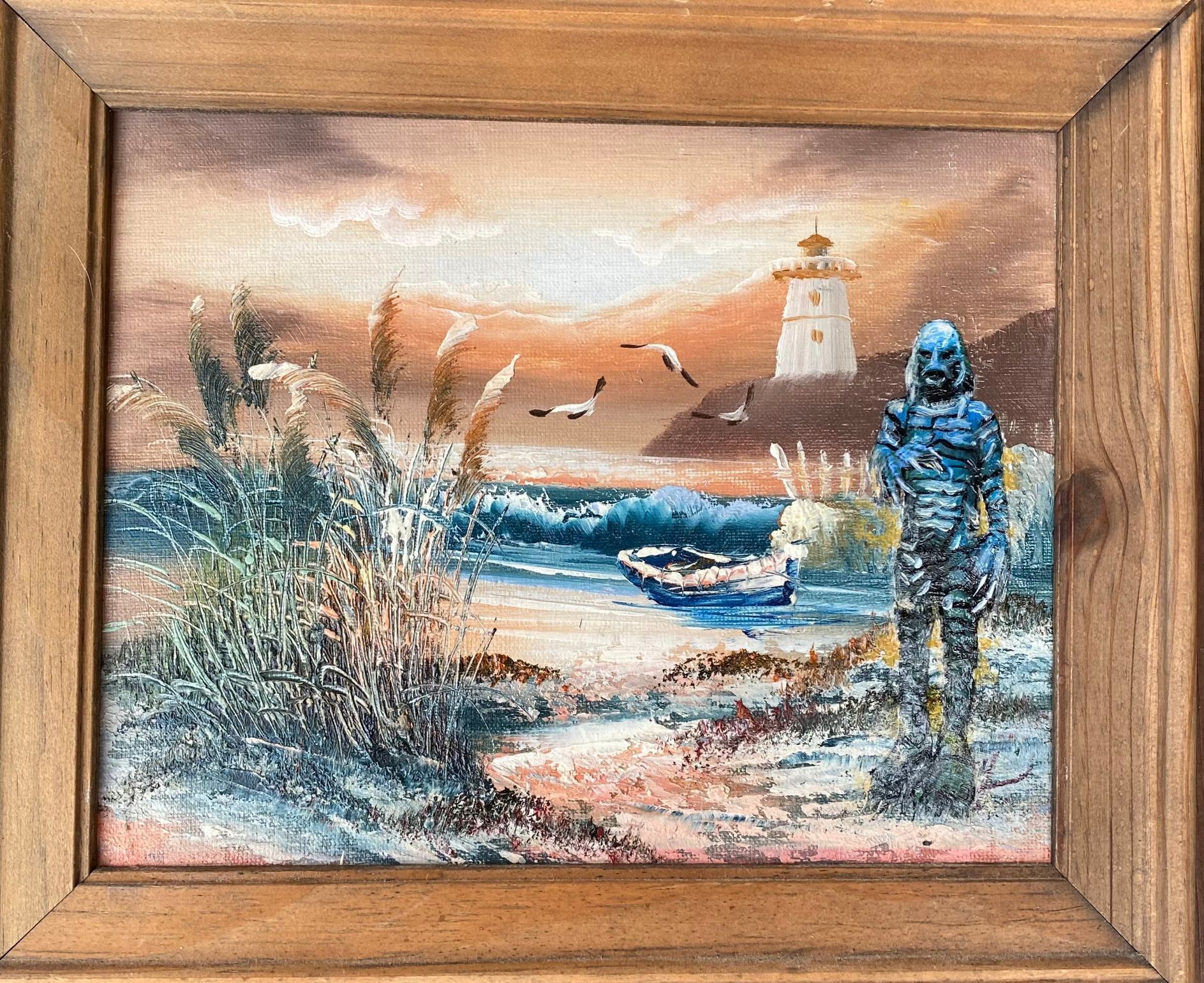 A painting of the creature from the black lagoon  standing on a beach with a boat in the background
