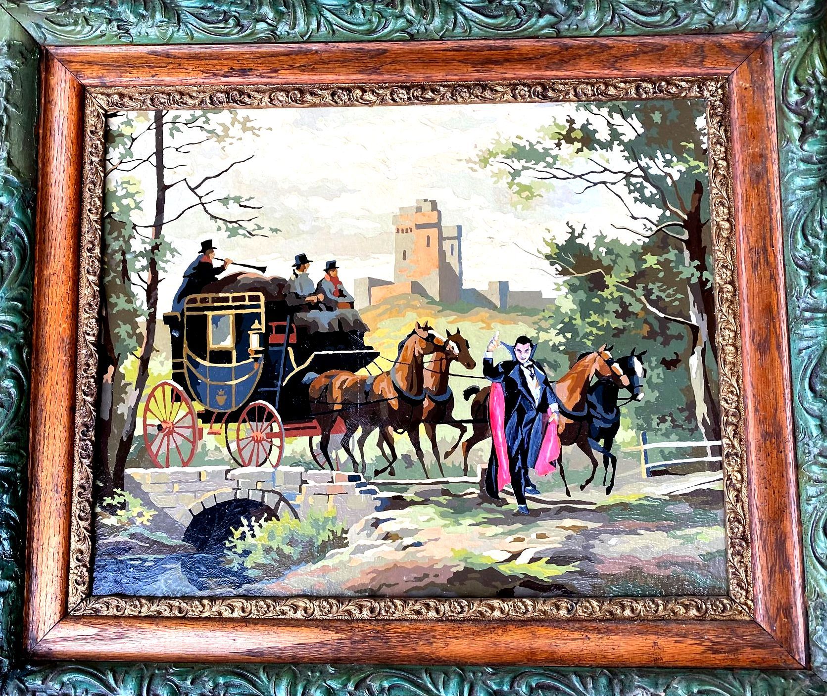 A framed painting of a horse drawn carriage with dracula standing next to it.