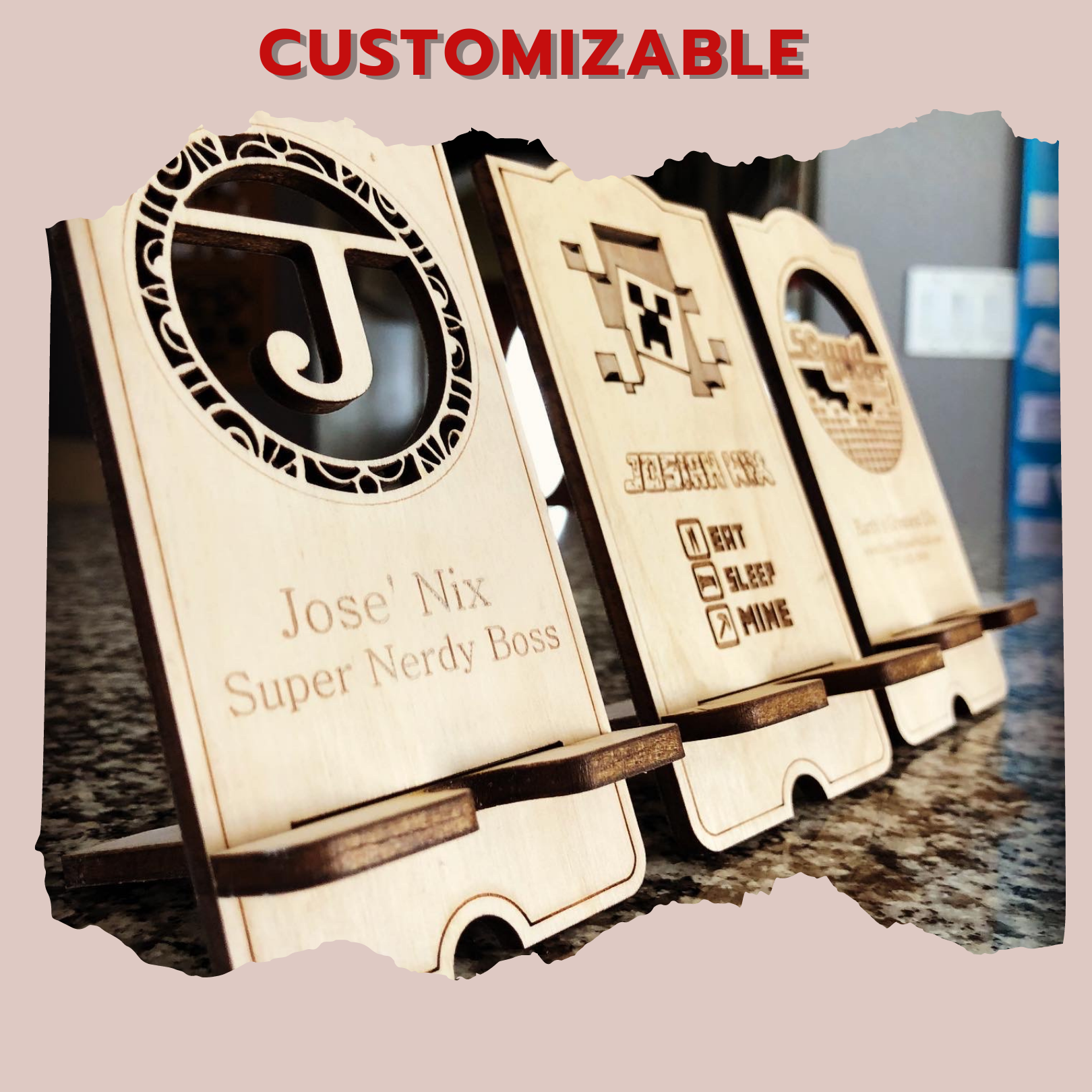 A series of wooden phone holders with the name jose nix on it