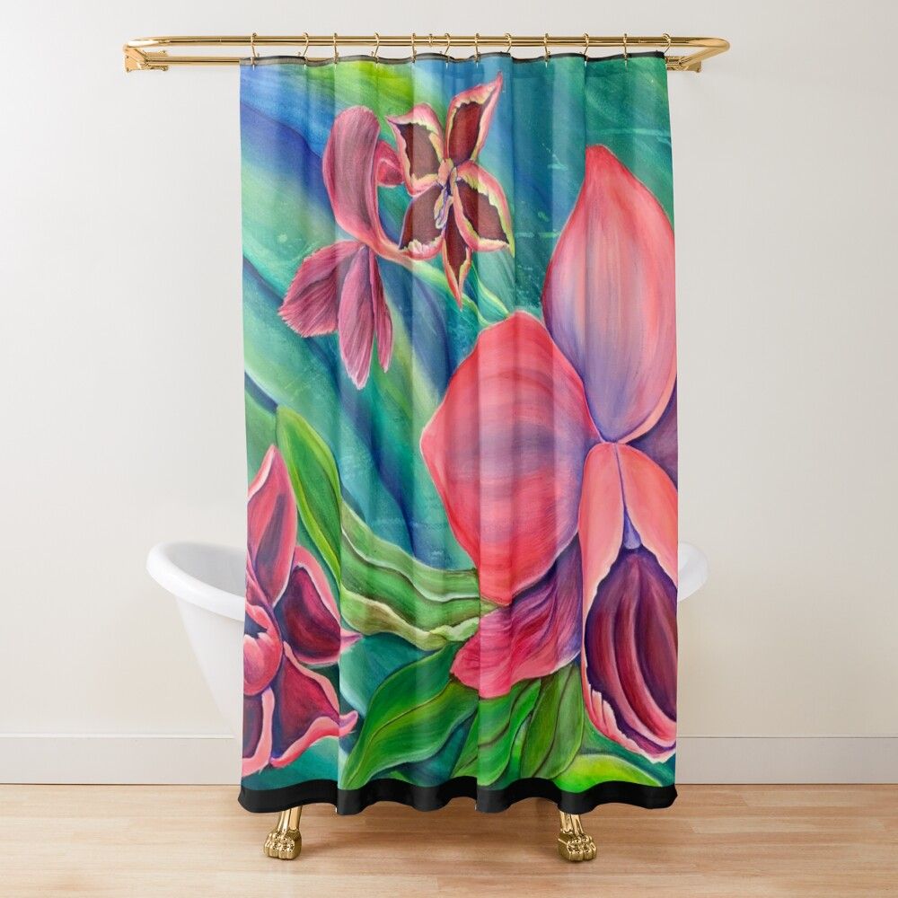 A shower curtain with pink and purple flowers on it