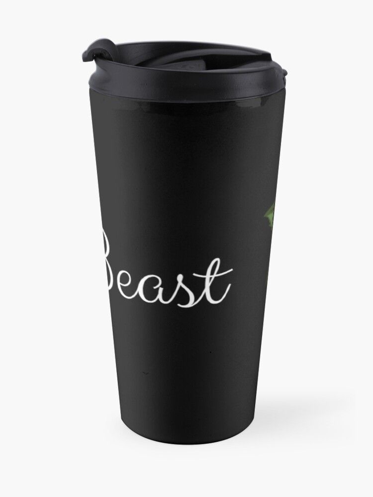 A black travel mug with the word beast written on it
