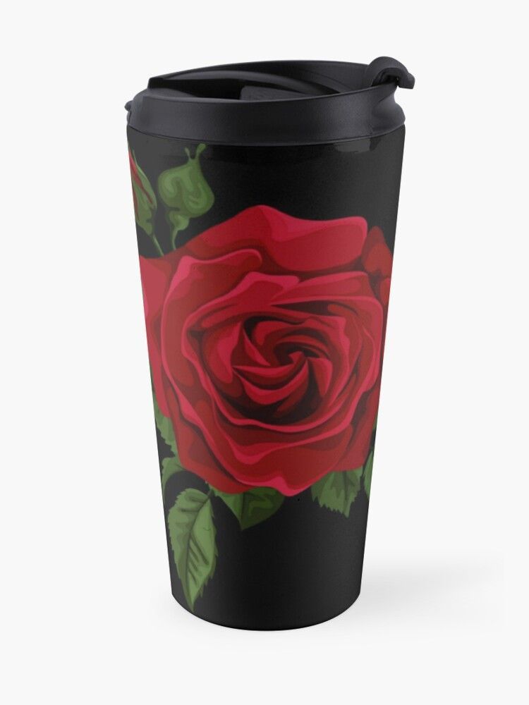 A travel mug with a red rose on it
