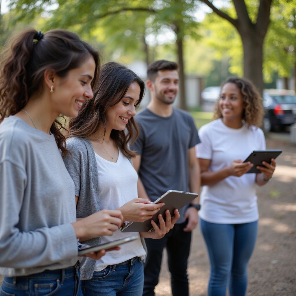 Four people using tablets outdoors, smiling.