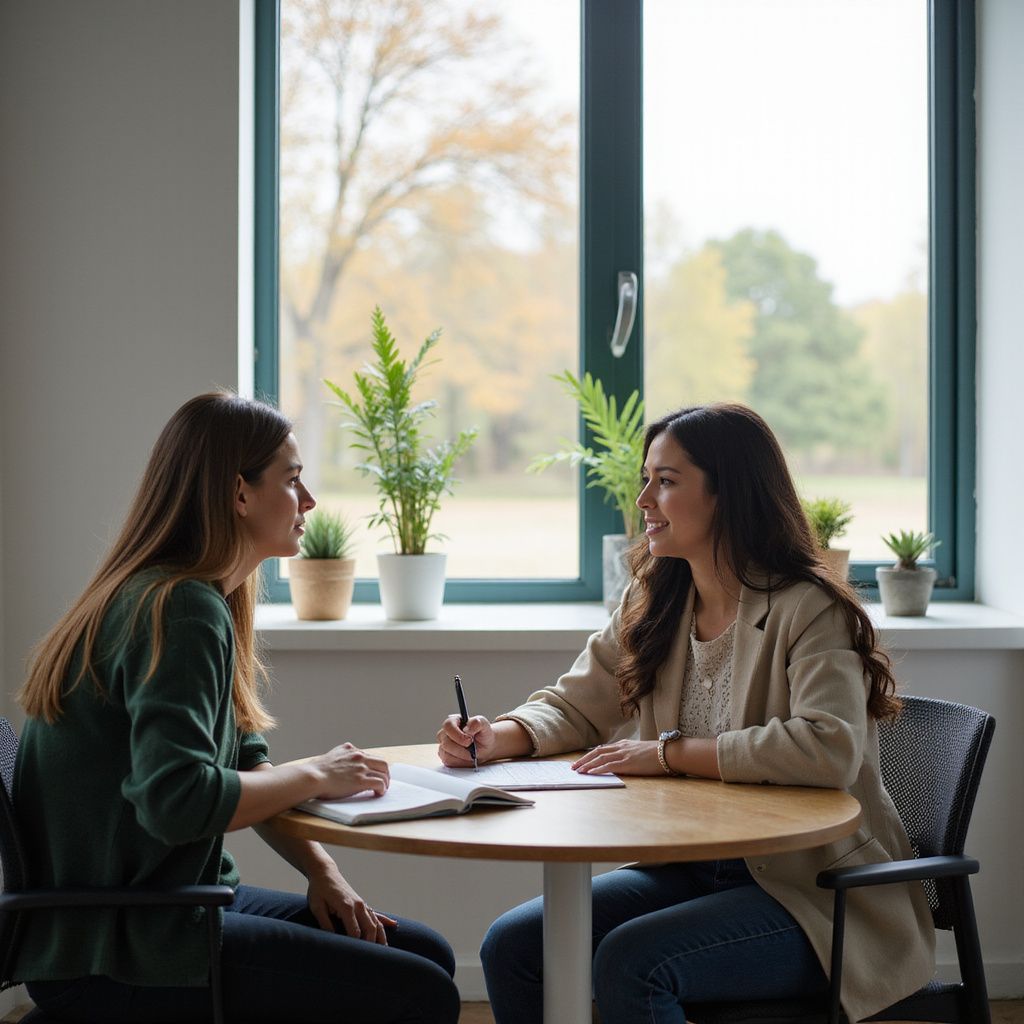 Two women sit at a round table near a window; one writes. Plants sit on the sill.
