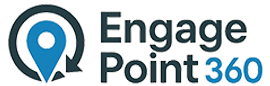 Logo of Engage Point 360 with a blue location pin surrounded by a rotating dark grey circle.