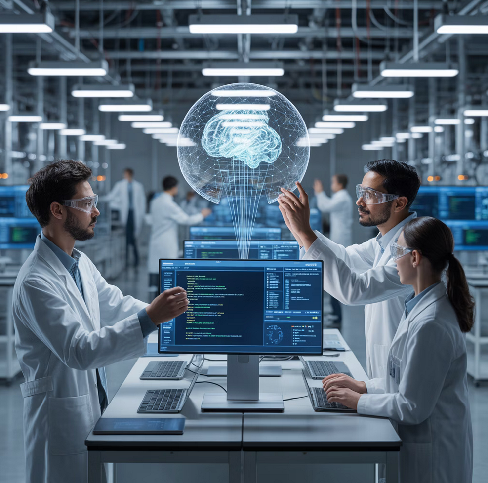 Scientists in lab coats analyze data, with a digital brain hologram in the air.
