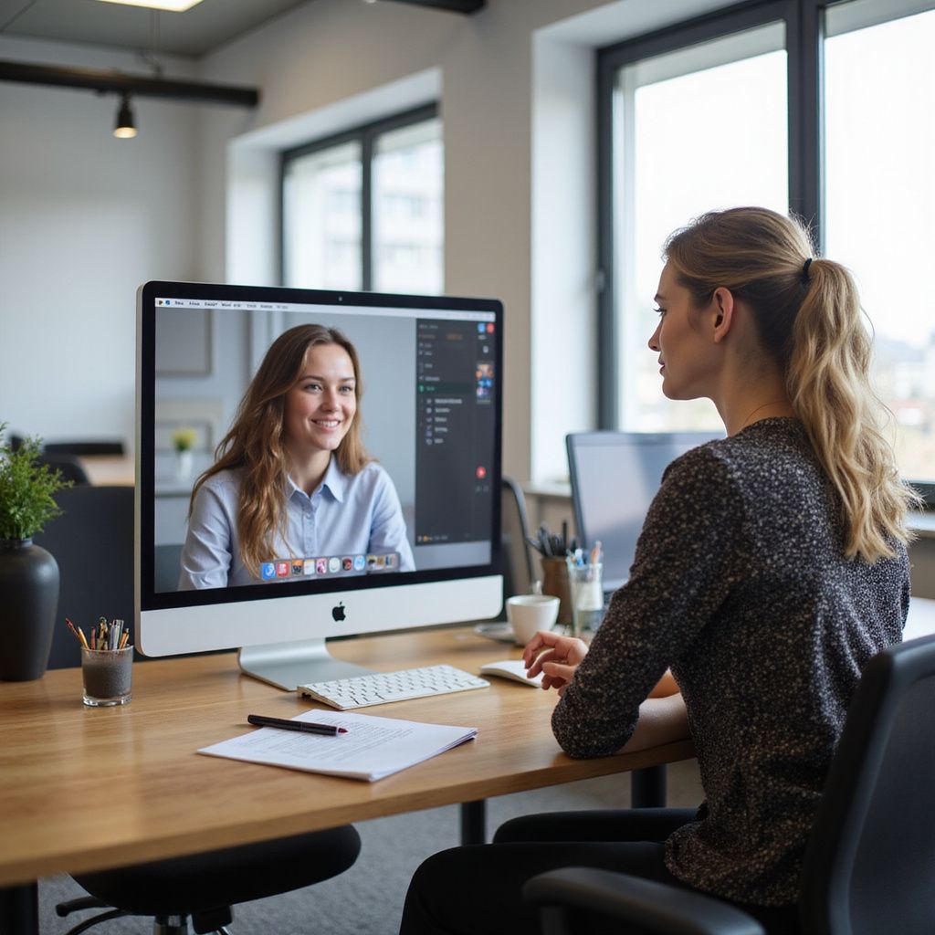 Woman in office video conferencing with another woman on a computer screen.