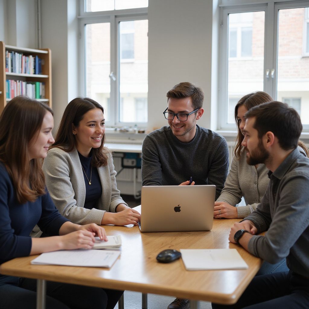 Five people around a table with a laptop, collaborating in a bright room with windows and bookshelves.