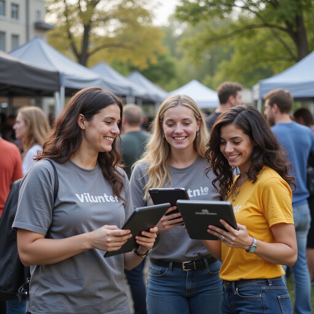 Three women smiling, holding tablets, volunteering at an outdoor event, with tents and people in the background.
