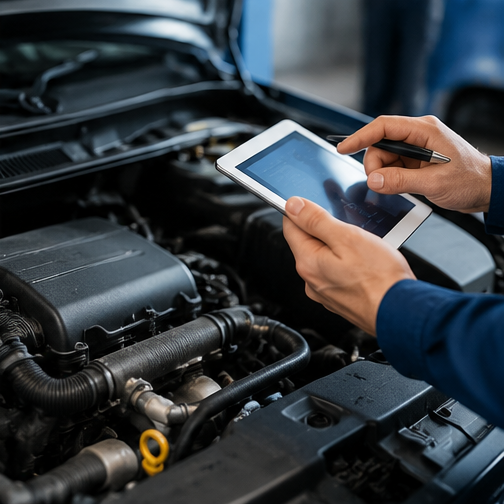 Un meccanico utilizza un tablet per ispezionare il motore di un'auto sotto il cofano.