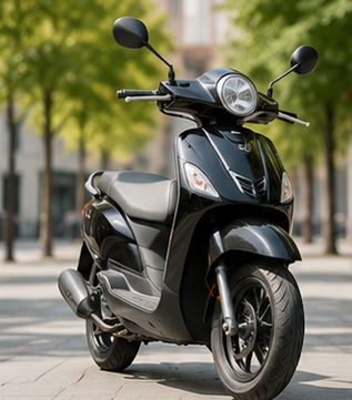 Scooter nero parcheggiato su un marciapiede cittadino, con alberi ed edifici sfocati sullo sfondo.