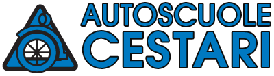 Logo per Autoscuole Cestari con icona di una ruota d'auto blu e testo blu in grassetto su sfondo bianco.