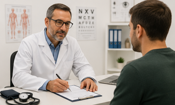 Un medico visita un paziente in un luminoso ambulatorio, con una cartella clinica e una tabella oculistica ben visibili.