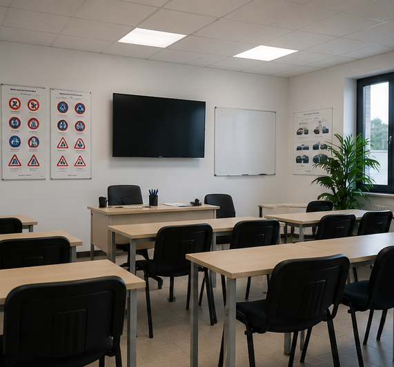 Aula vuota con banchi, sedie, televisore a parete, lavagna, poster sulla sicurezza e una finestra con una pianta.
