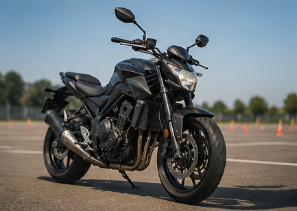 Una motocicletta sportiva nera parcheggiata su una strada aperta, con dei coni stradali sullo sfondo.