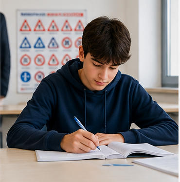 Uno studente con una felpa blu scuro scrive su un quaderno seduto a una scrivania, con dei cartelli stradali sullo sfondo.
