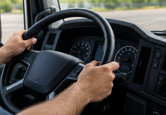 Mani che impugnano il volante e il cruscotto di un'auto durante la guida.