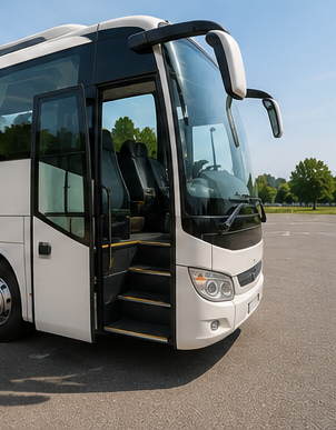 Autobus bianco parcheggiato in un piazzale aperto con la porta anteriore aperta, che lascia intravedere i gradini interni.