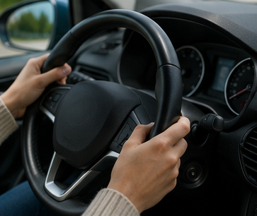 Mani sul volante di un'auto, durante la guida con il cruscotto ben visibile.