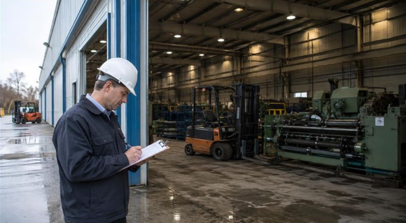 Un operaio con l'elmetto prende appunti all'esterno di un magazzino industriale con macchinari all'interno.