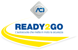 Logo READY2GO with ACI emblem and yellow swoosh, slogan “L’autoscuola che mette in moto la sicurezza”