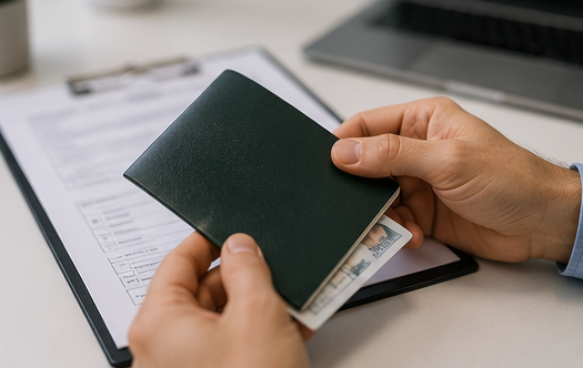 Mani che reggono un passaporto verde scuro e dei documenti sopra un blocco appunti su una scrivania.