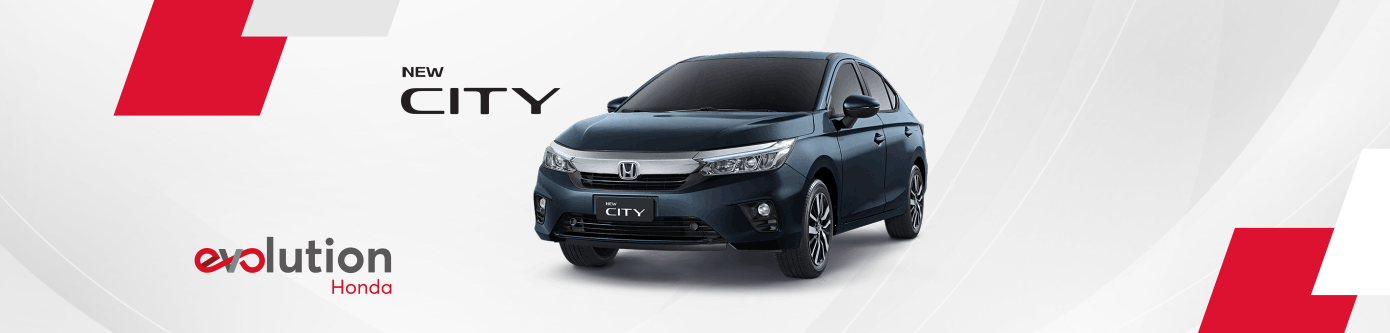 Um carro Honda City cinza escuro exibido sobre um fundo branco com detalhes geométricos vermelhos e o logotipo da marca
