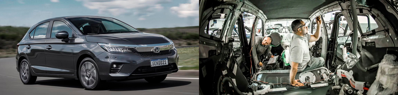 Uma comparação lado a lado mostra um hatchback cinza escuro na estrada e dois técnicos trabalhando dentro da estrutura exposta do carro.