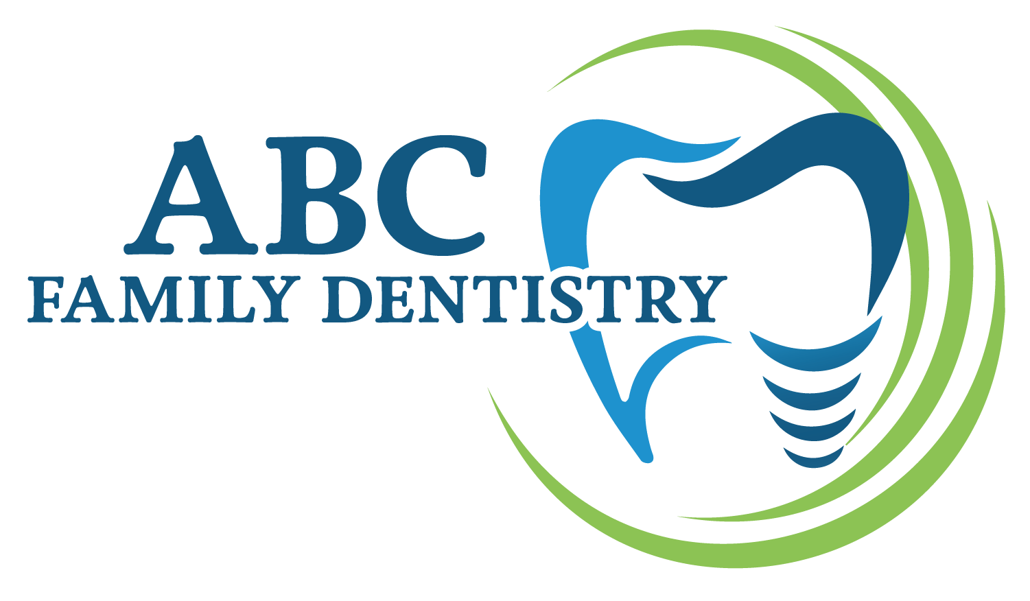 Logo for ABC Family Dentistry: Blue tooth icon, green swirls, blue text on white background.
