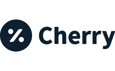 Logo for Cherry, featuring a dark blue circle with a percentage symbol inside and the word 