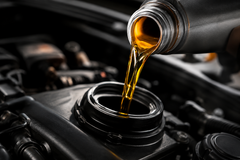 Motor oil being poured into a car engine through an oil fill opening