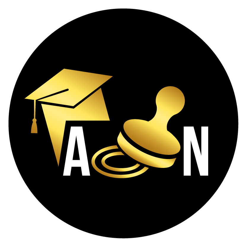 A black circle with a graduation cap and a stamp on it. A black circle with a graduation cap and a stamp on it.
