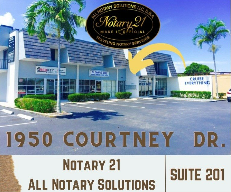 A sign for notary 21 suite 201 on 1950 courtney dr.