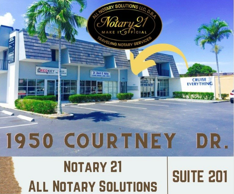 A sign for notary 21 suite 201 on 1950 courtney dr.
