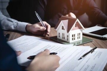 A person is writing on a piece of paper next to a model house.