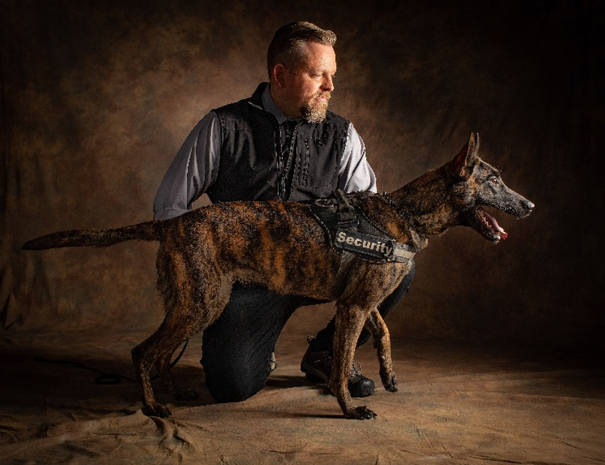 Man kneeling next to a brindle dog wearing a