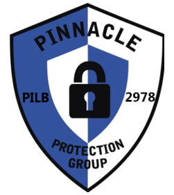 Logo for Pinnacle Protection Group: a shield with blue and white sections, a padlock, and text.
