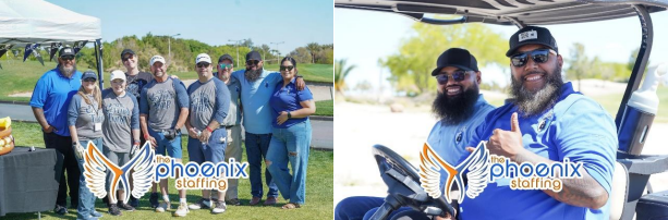 People at an outdoor golf event: group smiling under a tent, men giving thumbs up in a golf cart.
