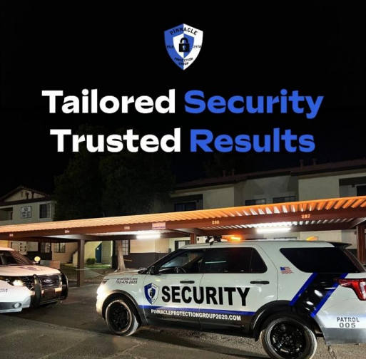 Security patrol vehicles parked outside buildings at night; text: 