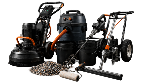 Black floor-cleaning machines and accessories arranged on a white background