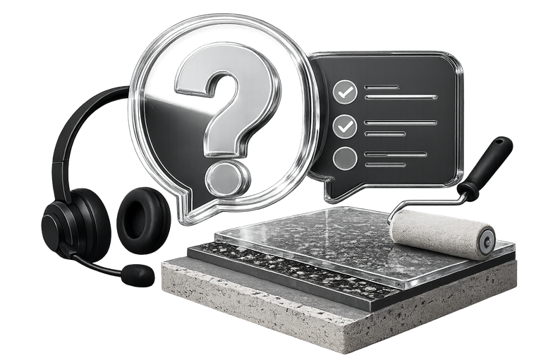 Headset, checklist, and paint roller around a large orange question mark on a notepad