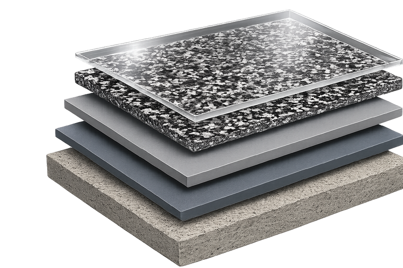 Stacked roofing material layers with a black speckled top surface and gray and tan underlayers