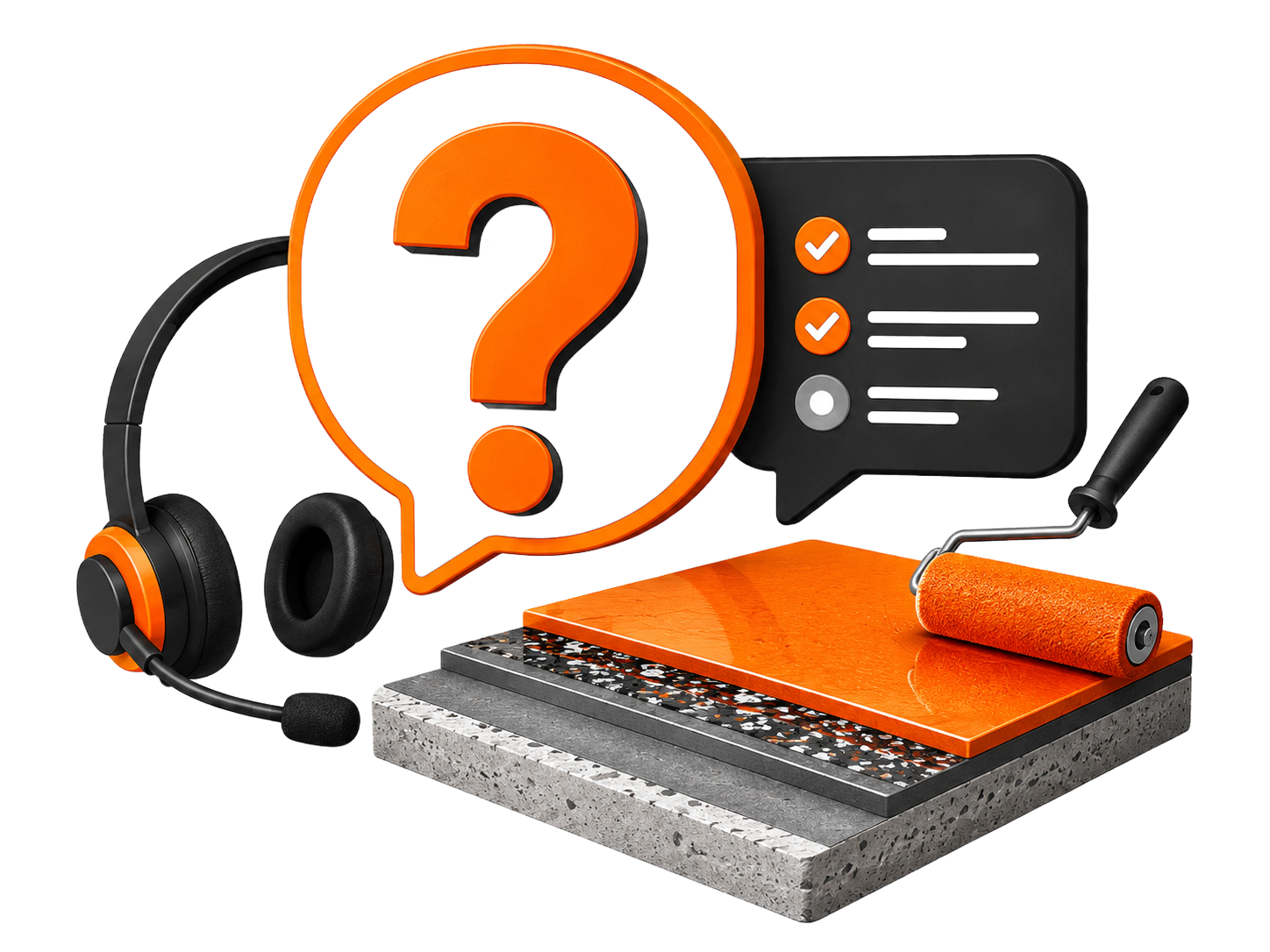 Orange question mark over notebook with headset, checklist, and pen, suggesting customer support or help desk