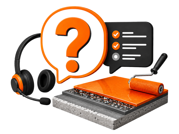Orange question mark over notebook with headset, checklist, and pen, suggesting customer support or help desk