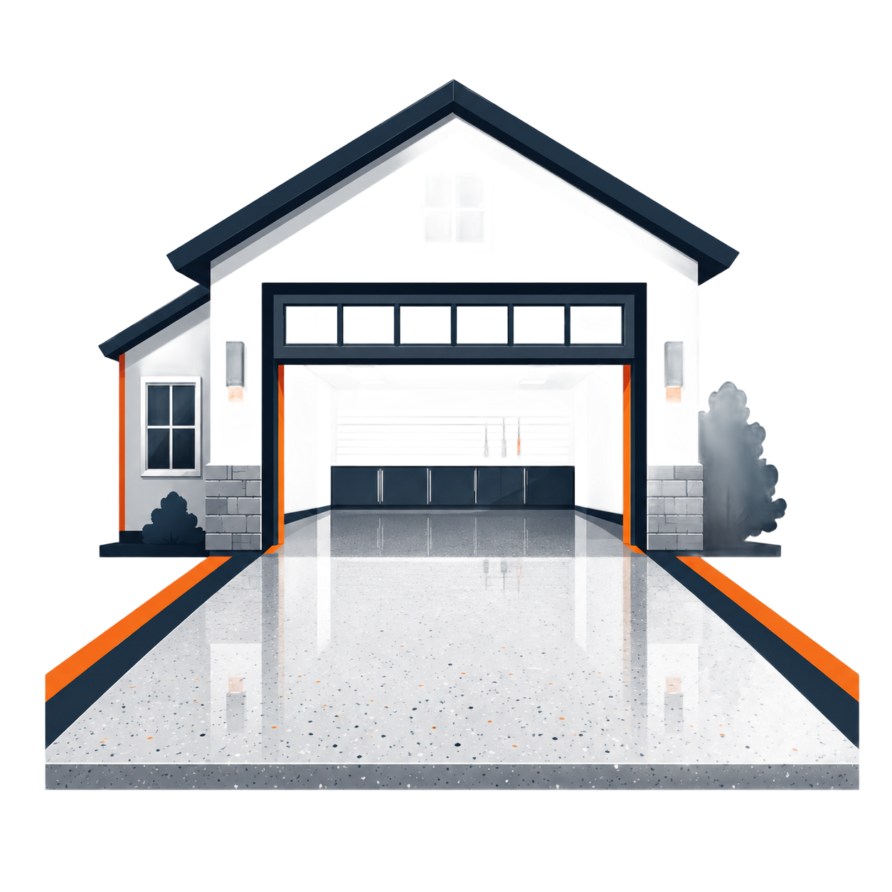 Modern house with open garage and glossy driveway, framed by dark trim and orange side accents