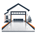 Modern house with an open garage and a long concrete driveway