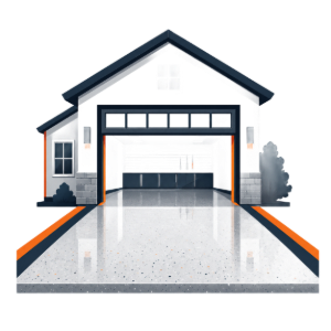 Modern house with an open garage and a long concrete driveway