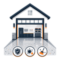 Garage with tools and supplies, shown as a clean home workshop with safety and cleaning icons.