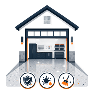 Garage with tools and supplies, shown as a clean home workshop with safety and cleaning icons.